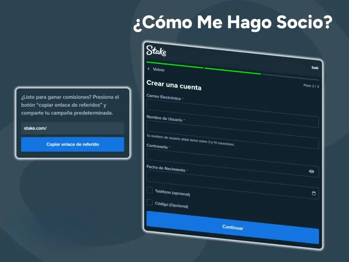 Regístrese en la plataforma Stake para ser miembro del programa de afiliados
