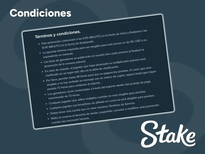 Consulta las condiciones de la bonificación en el sitio web de Stake