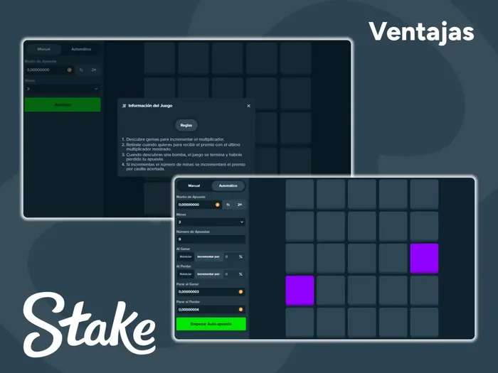 El modo demo, las apuestas automáticas y otras funciones están disponibles en Stake
