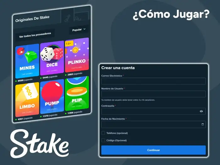 Para jugar a los juegos de Stake Originals, debes tener una cuenta