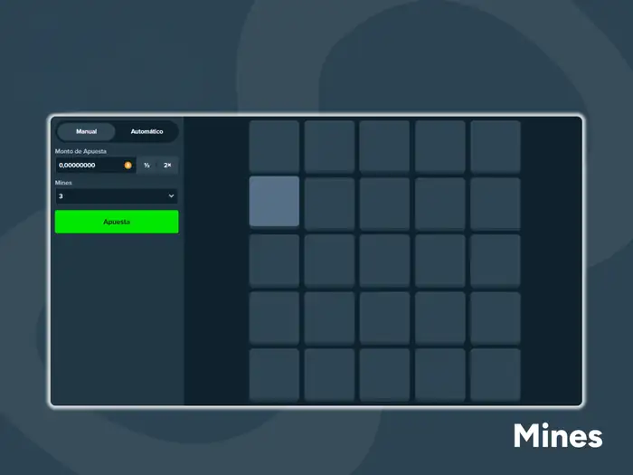 Tablero del juego Mines listo para empezar, con selección de minas y apuesta mínima
