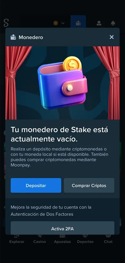 Seleccione y familiarícese con la pestaña de depósito de su cuenta personal en el sitio web de Stake