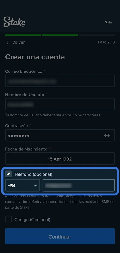 Añada su número de teléfono para aumentar la seguridad de su cuenta de Stake casino