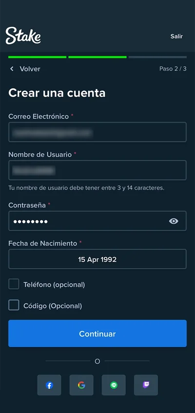 Introduzca los datos válidos necesarios para registrarse en Stake