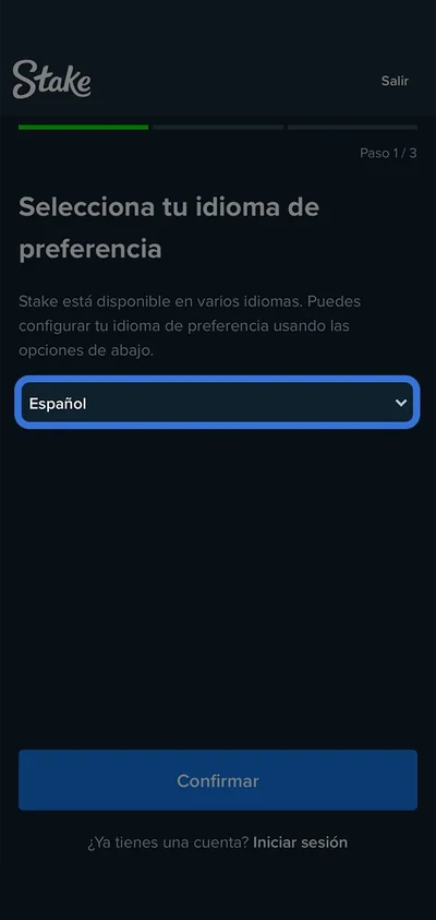 Elija el idioma que más le convenga para navegar rápidamente por el proceso de registro en Stake