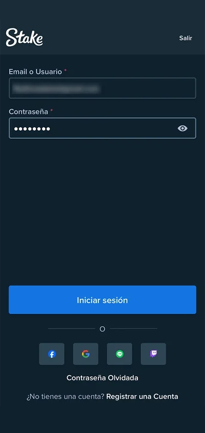 Introduzca sus datos de acceso en el sitio web de Stake o utilice el inicio de sesión rápido a través de las redes sociales